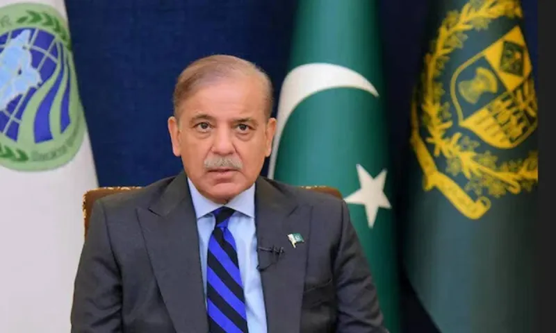 Pakistani Prime Minister Shehbaz Sharif speaking at a press event amid reports of a US-Iran peace agreement.