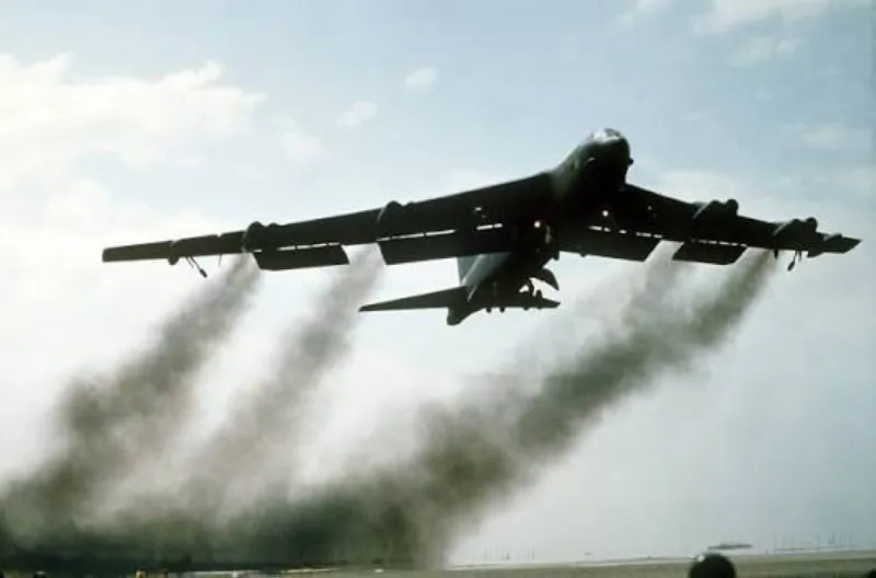 A B-52 Stratofortress bomber in flight, similar to the aircraft that crashed at Edwards Air Force Base in California.