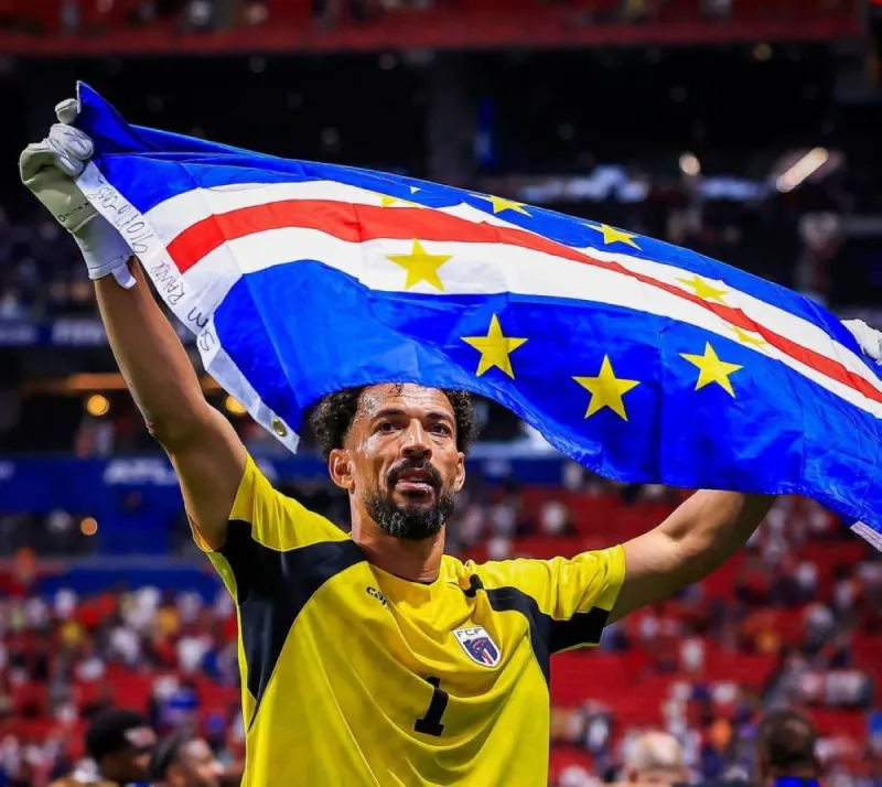 Cape Verde goalkeeper Vozinha celebrates after the team's goalless draw against Spain at the 2026 World Cup.