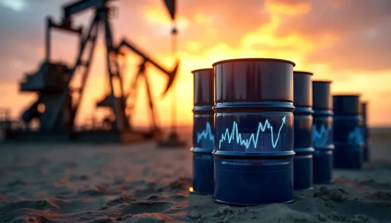 Oil pump jacks operating in an oil field, illustrating the drop in crude prices to a three-month low.