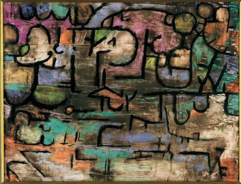 A display of Paul Klee's characteristically simple, symbol-laden paintings featuring light lines, geometric shapes, and freely distributed colours.