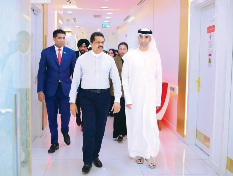 His Excellency Dr Thani bin Ahmed Al Zeyoudi, Minister of State for Foreign Trade, touring Thumbay Medical City in Ajman alongside Thumbay Group leadership.