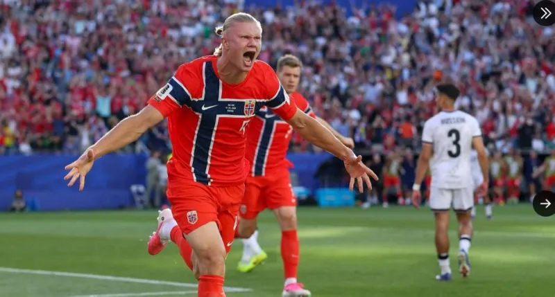 Erling Haaland celebrates after scoring for Norway at the 2026 World Cup.