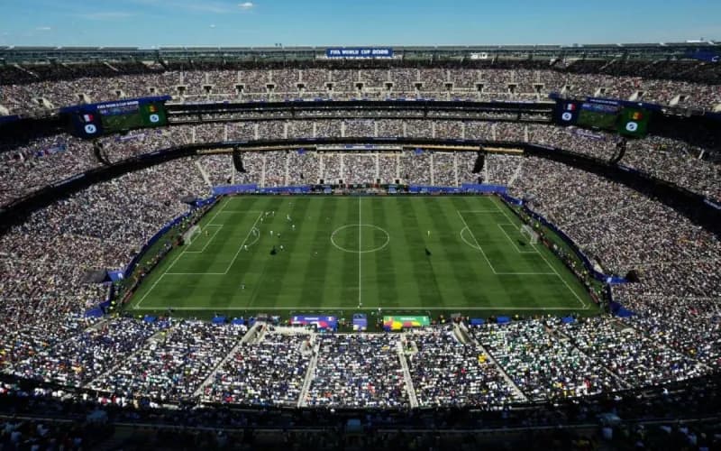 A view of the New York New Jersey stadium pitch that will host the 2026 FIFA World Cup final, showing the surface that players have criticised as hard and artificial.