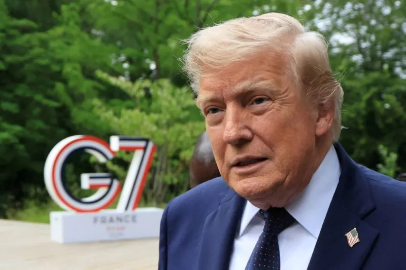 US President Donald Trump speaking at the G7 summit in France, with tensions over Israeli military strikes on Beirut as a backdrop.