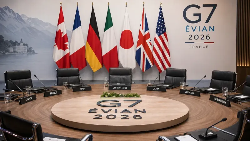 G7 leaders gathered at their 2026 summit in Évian, France, during the signing of the final communiqué.