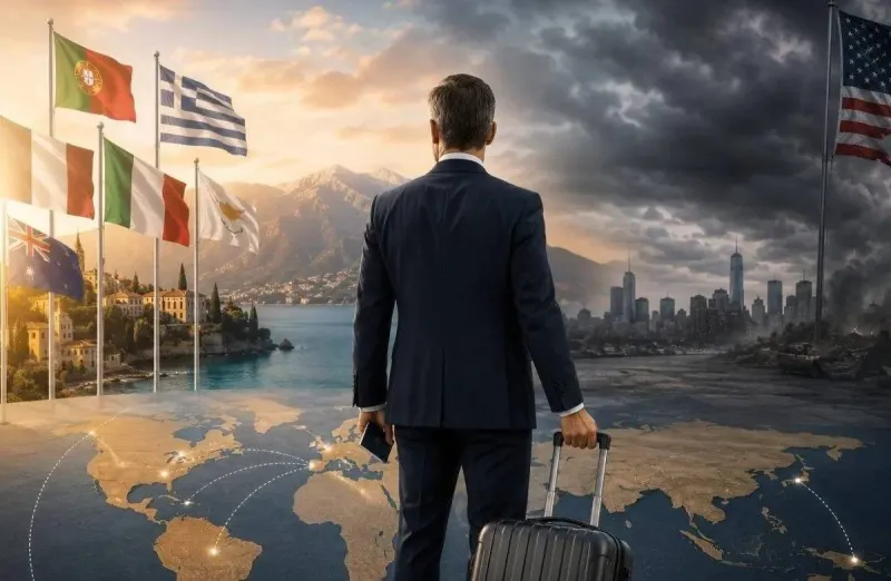 A wealthy American family reviews documents and maps, symbolising plans to relocate abroad amid growing economic and political uncertainty.
