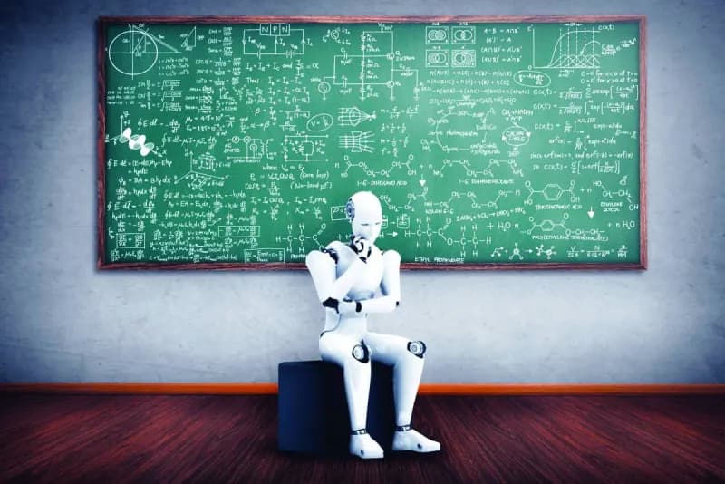 A conceptual illustration representing artificial intelligence competing against human mathematicians in a complex mathematical research challenge.