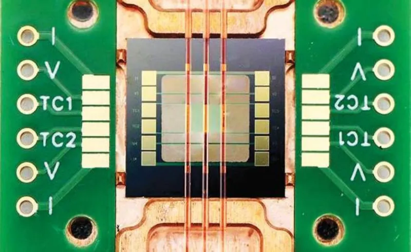 A close-up of a light-sensitive electronic device developed by Oregon State University researchers to mimic human brain memory functions.