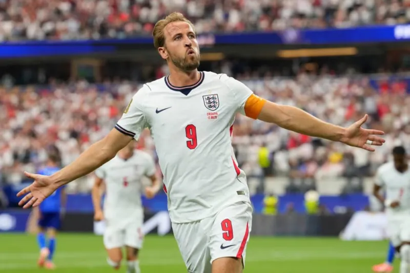 Harry Kane celebrates after scoring for England in their 4-2 World Cup victory over Croatia in Dallas.