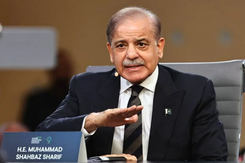 Pakistani Prime Minister Shehbaz Sharif speaking at a press conference regarding the US-Iran agreement.