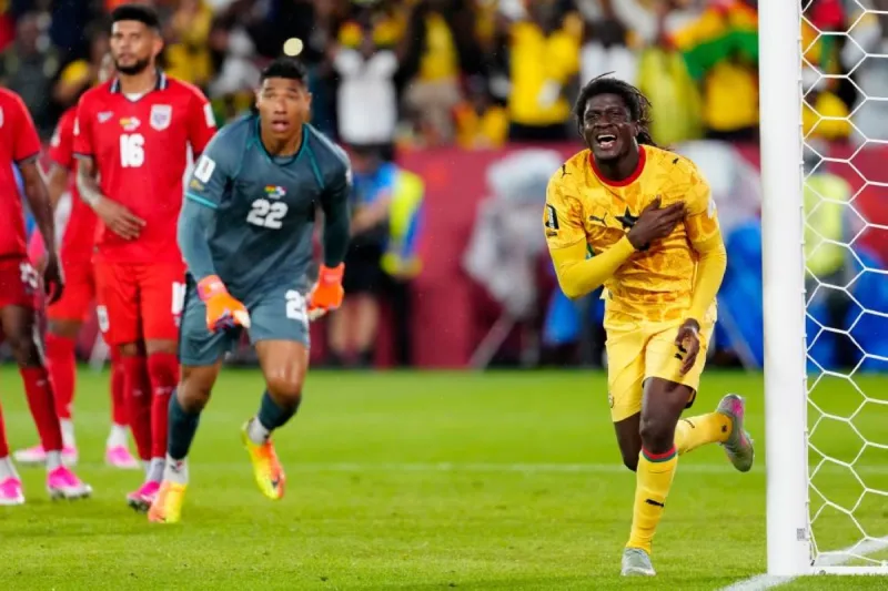 Ghana players celebrate a stoppage-time winning goal against Panama at Toronto stadium during the 2026 FIFA World Cup Group 12 opener.