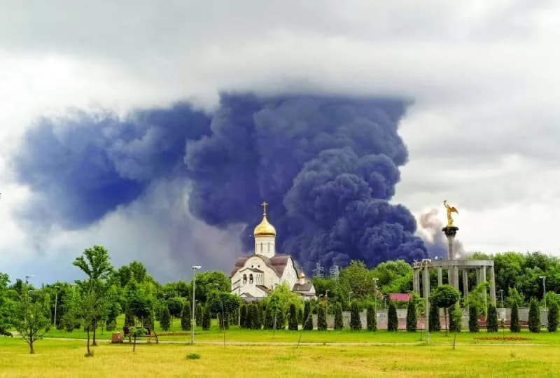 Smoke rising from the Gazprom Neft oil refinery in southeastern Moscow following a Ukrainian drone attack.