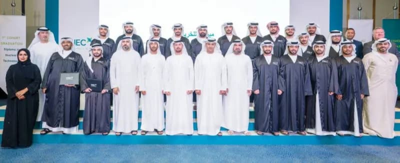 Graduates of the first cohort of ENEC's Nuclear Energy Technology Diploma programme pose at their graduation ceremony in Abu Dhabi.