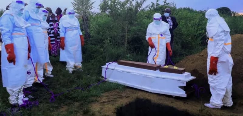 Healthcare workers in protective gear responding to the Ebola virus outbreak in the Democratic Republic of Congo.