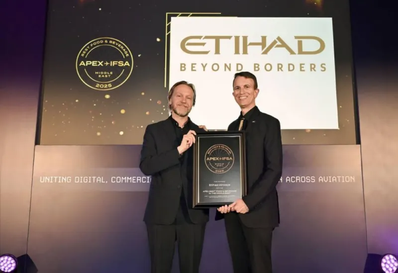 Etihad Airways crew members at the Business Traveller Middle East Awards 2026 ceremony in Dubai.