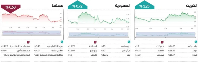 A trading screen displaying green gains across Arab stock market indices, reflecting broad-based weekly advances in regional bourses.