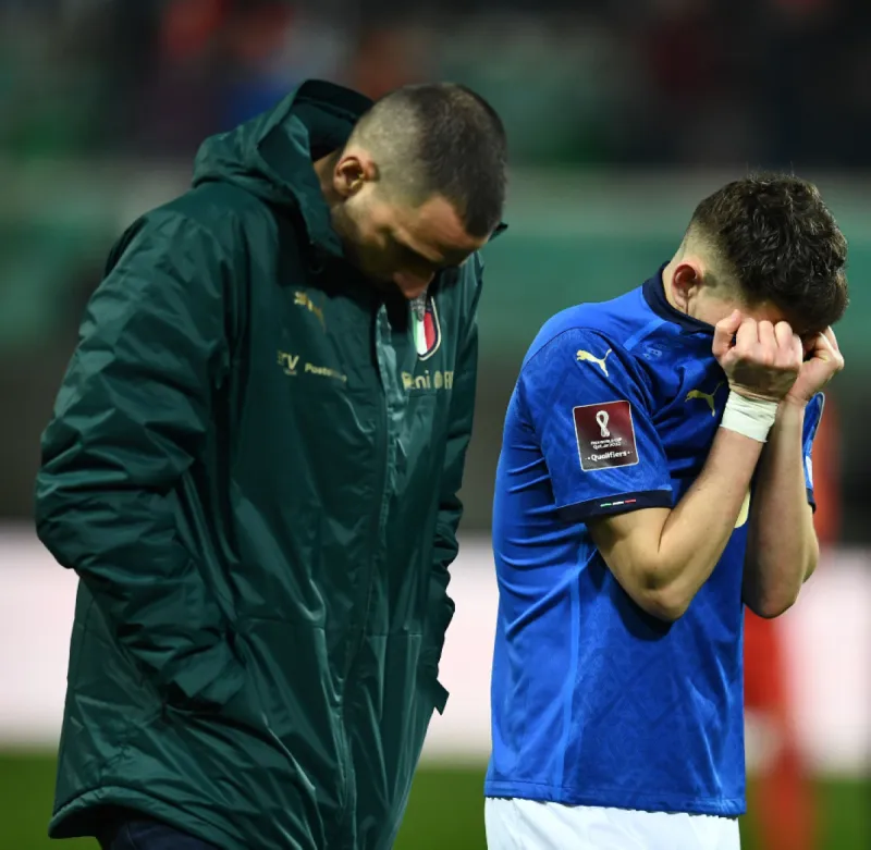 Italy's Azzurri players on the pitch after their World Cup qualifying play-off defeat against Bosnia and Herzegovina.