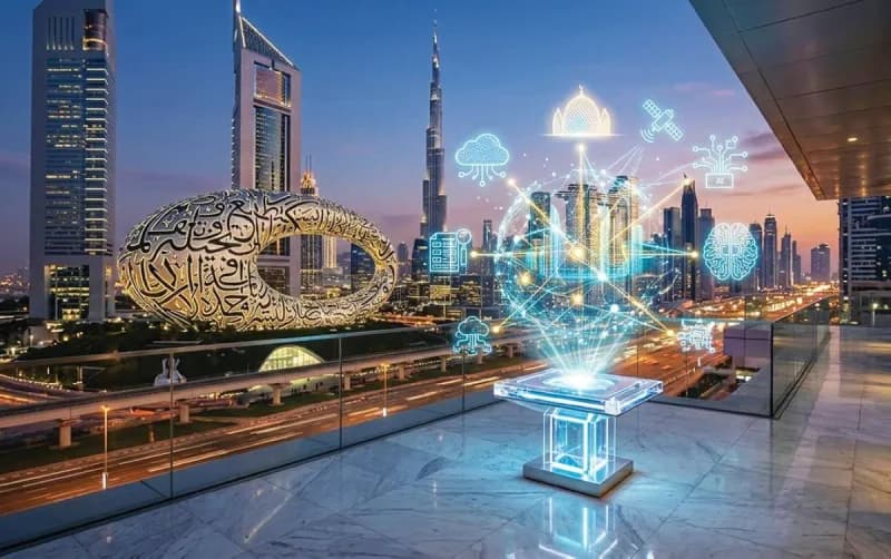 A digital illustration representing artificial intelligence integration within UAE government services and policy design.
