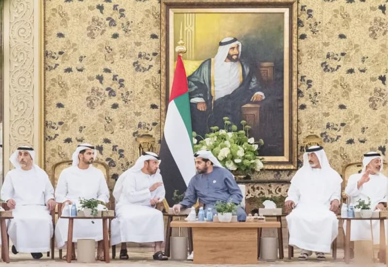 Sheikh Hamdan bin Zayed Al Nahyan presiding over a majlis gathering with sheikhs, officials and citizens at Al Nakheel Palace in Abu Dhabi.