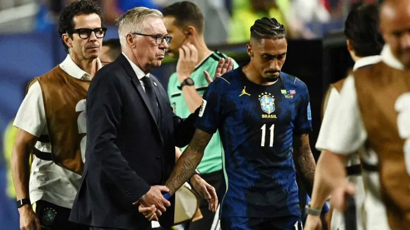Brazilian star Raphinha in action during the World Cup match against Haiti before being forced off with a right knee tendon injury in the first half.
