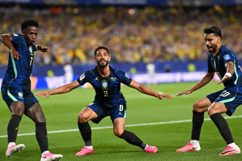 Matheus Cunha celebrates with a surfing gesture after scoring for Brazil against Haiti in their 3-0 World Cup victory.