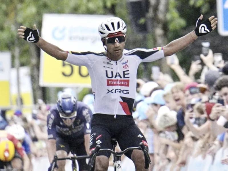 Jonathan Narvaez of UAE Team Emirates celebrating his Stage 3 victory at the Tour de Suisse.