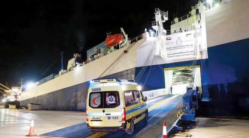 The UAE floating hospital docked at Al Arish port in Egypt, providing medical care to patients and wounded transferred from the Gaza Strip.