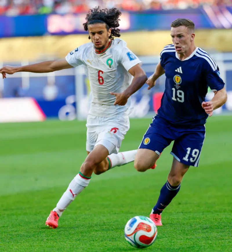 Morocco's Ayoub Bouaddi and Naïl Aynaou in action during a 2026 World Cup match, representing the Atlas Lions' new midfield generation.