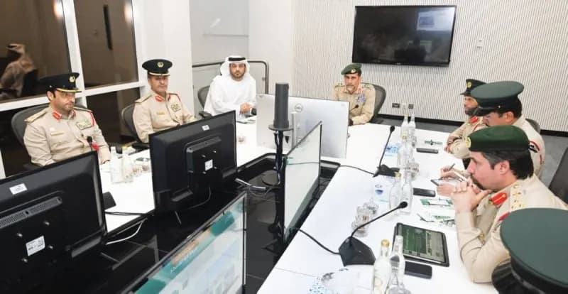 Lieutenant General Abdullah Khalifa Al Marri, Commander-in-Chief of Dubai Police, reviews achievements and inspection results at Al Faqaa Police Station alongside senior officers.