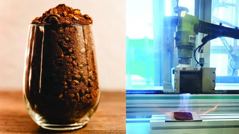 A cup of coffee with spent coffee grounds beside it, illustrating research into converting wet coffee grounds into biochar using plasma flame technology.