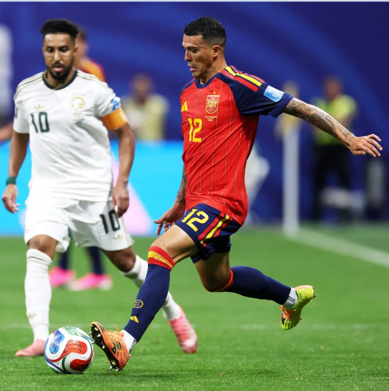 Spain players celebrate after scoring against Saudi Arabia in their 2026 World Cup Group 8 match.