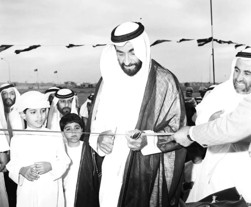 Sheikh Khalid bin Zayed Al Nahyan speaking at an official event commemorating the legacy of the late Sheikh Zayed bin Sultan Al Nahyan on Father's Day.