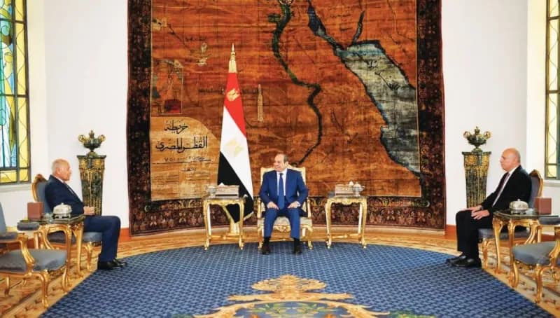 Egyptian President Abdel Fattah Al-Sisi meeting with Arab League Secretary-General Ahmed Aboul Gheit at the presidential palace.