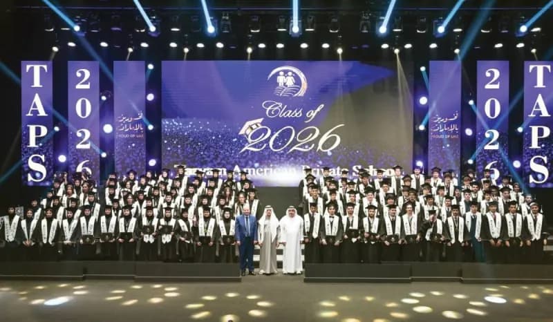 Sheikh Nahyan bin Mubarak Al Nahyan presenting graduation certificates to students at the Treem American Private School ceremony held at the American University of Sharjah theatre.