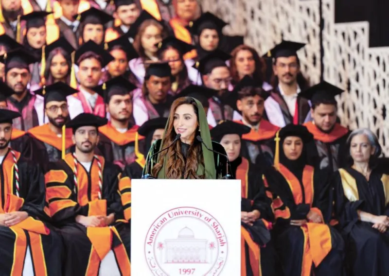 Graduates of the American University of Sharjah's Spring 2026 class celebrate at their commencement ceremony held at University City Hall in Sharjah.