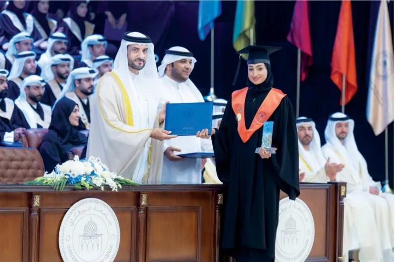Sheikh Sultan bin Ahmed bin Sultan Al Qasimi, Deputy Ruler of Sharjah, presiding over the graduation ceremony of the second cohort of University of Khor Fakkan students at the university theatre in Khor Fakkan.
