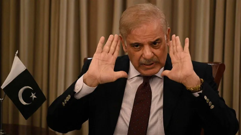 Pakistani Prime Minister Shehbaz Sharif speaking at a press conference in the context of the US-Iran memorandum of understanding negotiations.