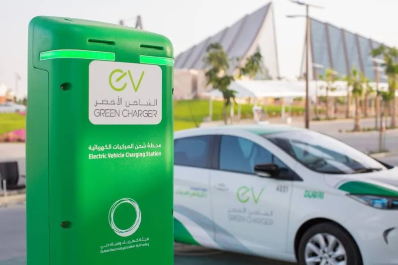 An electric vehicle connected to a Green Charger station at one of Dubai's public charging points.
