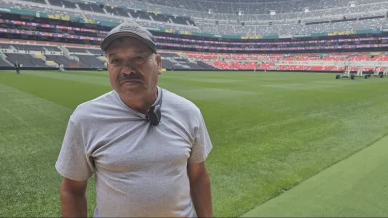 Isabel 'Chapillo' Ramirez, the veteran groundsman of Estadio Azteca in Mexico City, standing on the famous pitch he has maintained for over four decades.