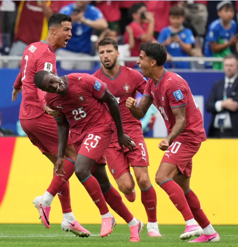 Cristiano Ronaldo celebrates after scoring for Portugal in their 5-0 victory over Uzbekistan in the 2026 World Cup group stage.