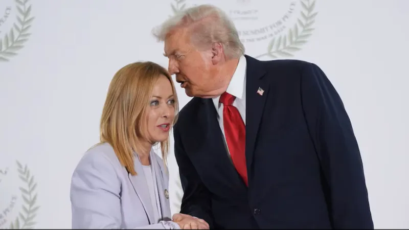 Italian Prime Minister Giorgia Meloni speaking at a media event in Rome amid a public dispute with US President Donald Trump.
