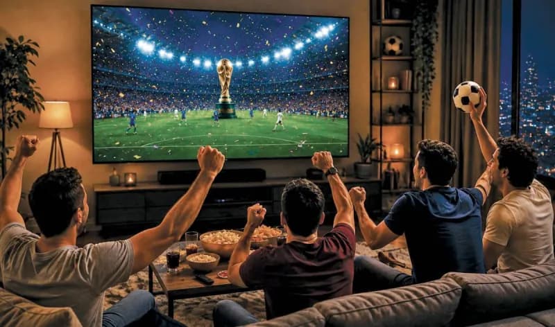 A large-screen television displayed in a retail showroom in the UAE, illustrating surging consumer demand for home cinema setups ahead of the 2026 FIFA World Cup.