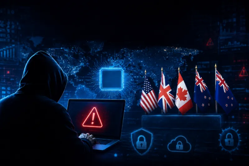 A visual representation of the Five Eyes intelligence alliance and AI-driven cyber warfare threats, showing interconnected digital networks and cybersecurity imagery.
