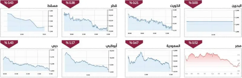 A stock market trading screen displaying UAE equity market indices and share price movements in green and red.