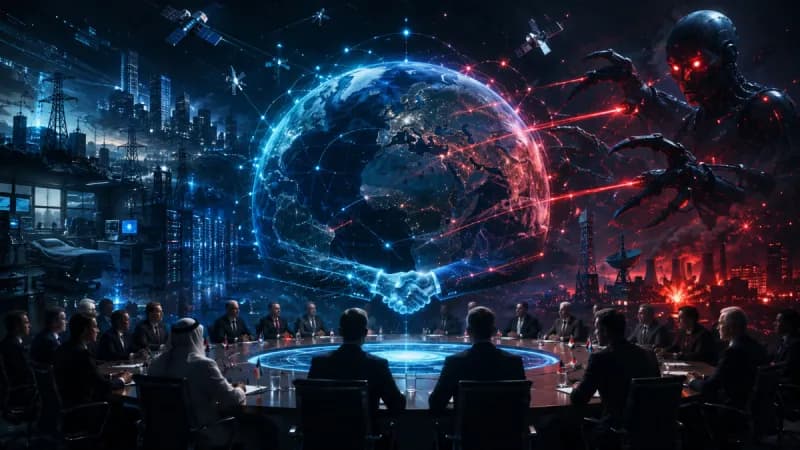 A digital globe overlaid with glowing circuit patterns and code, symbolising the threat of cyberweapons and the absence of international regulation in the digital arms race.