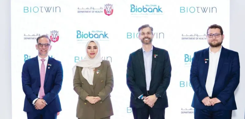A signing ceremony at the BIO International Convention 2026 in San Diego marking the strategic partnership between the Abu Dhabi Biobank and BioTwin to develop Virtual Human Twin technology.