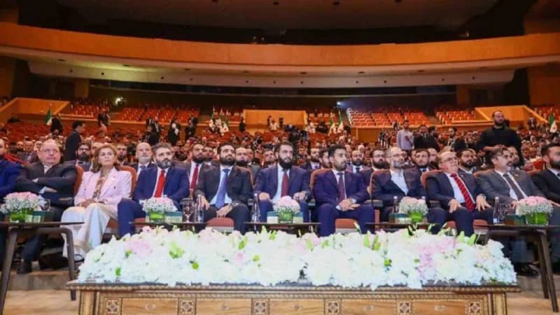 Syrian President Ahmad Al-Sharaa attends the launch of the national anti-drugs campaign at the Damascus Convention Palace.