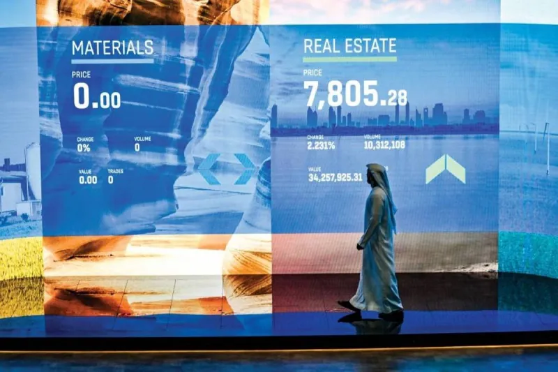 A screen displaying UAE stock market indices and trading data for Dubai and Abu Dhabi financial markets.