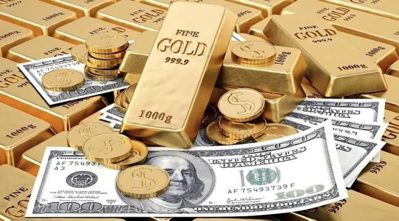 Gold bullion bars and coins displayed alongside a chart showing rising gold prices.